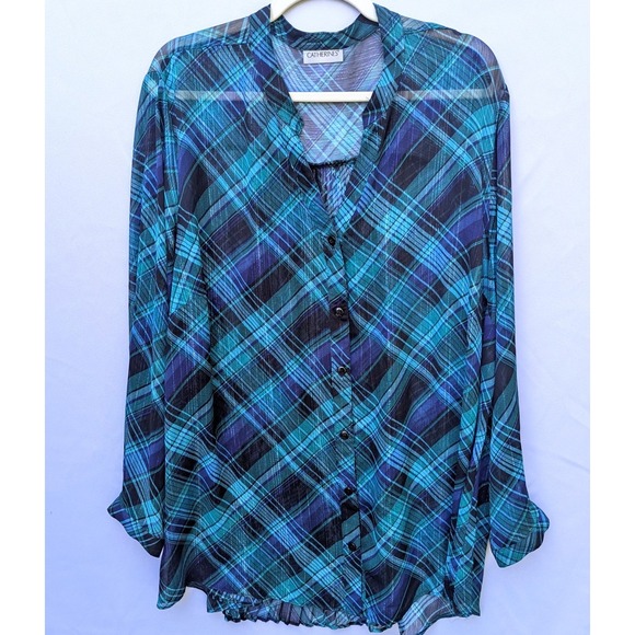 Catherine's Tops - Catherines Plus 2x 22/24 Sheer ButtonUp Shirt Blouse Green Blue Teal Plaid Tunic
